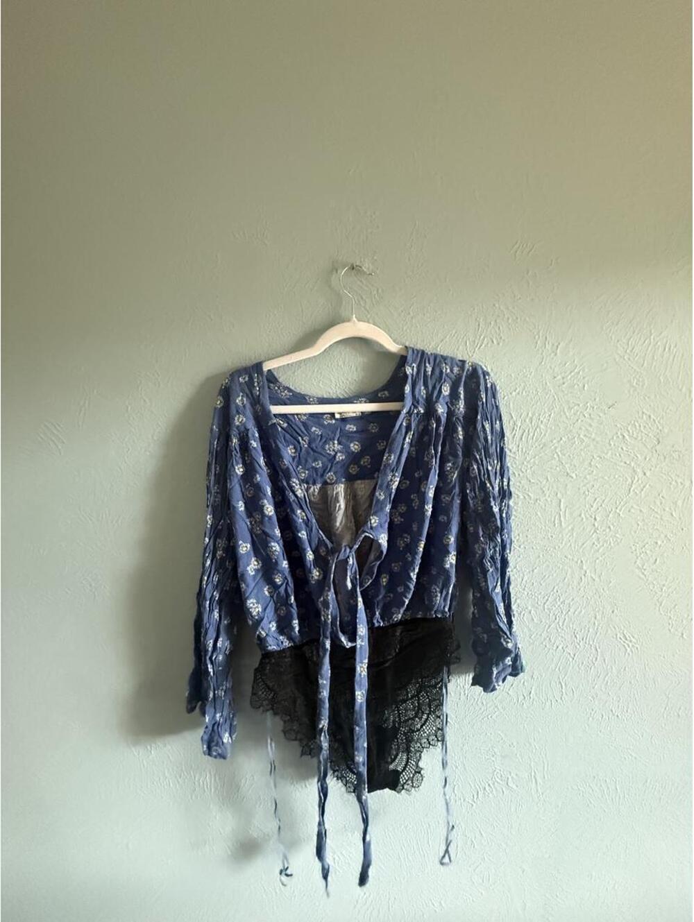 Free People blue floral wrap top bodysuit long sleeve with tie front